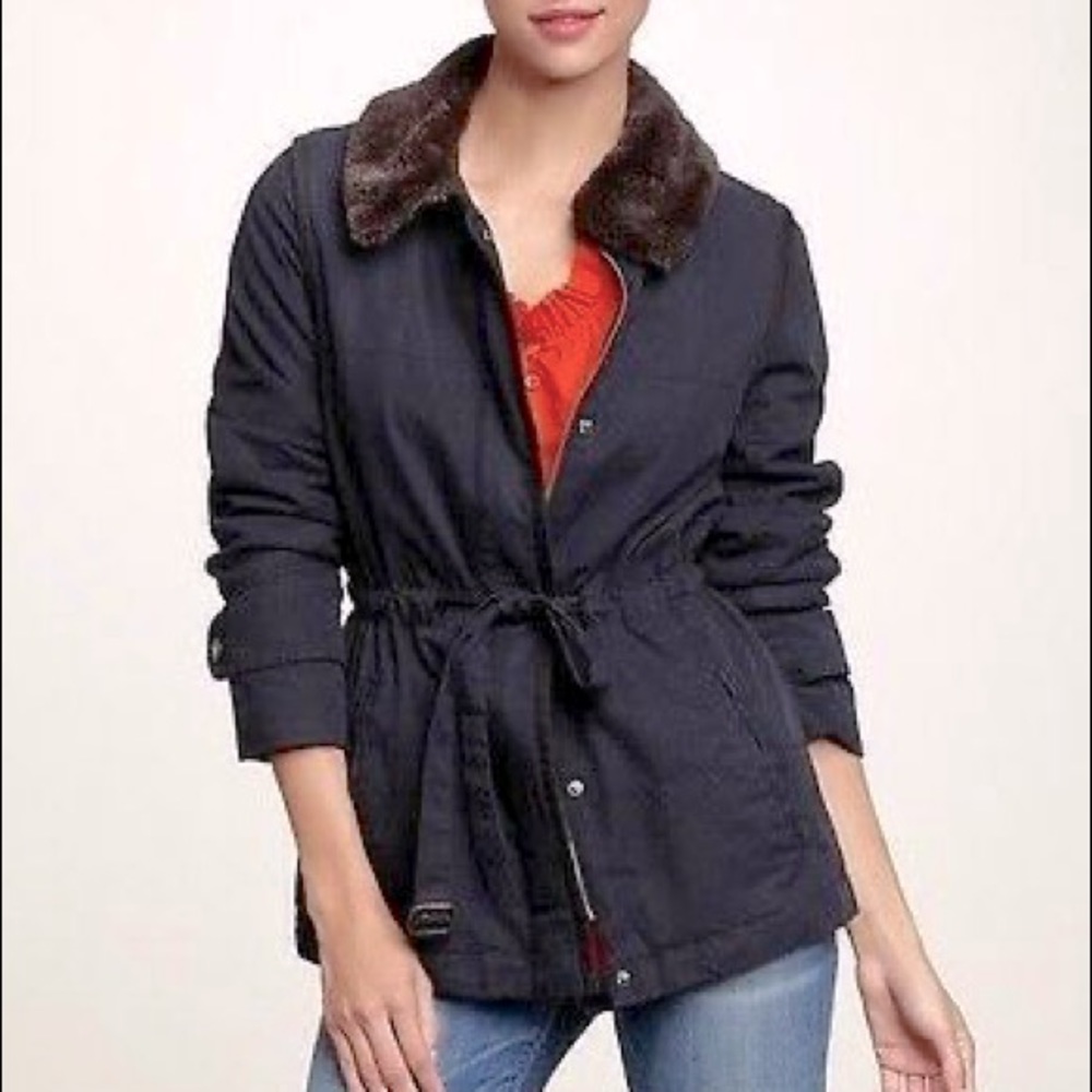 Gap Women's Padded Fur-Trim Navy Jacket Fully Lined Waist Cinch Belt